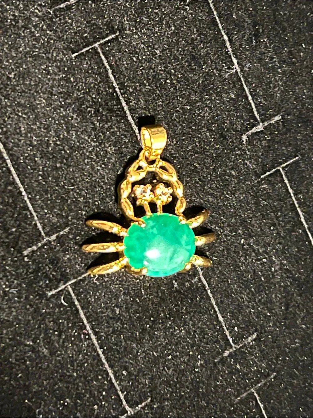 Gold toned Crab Pendant Necklace with Green Jade Stone Clear Quartz